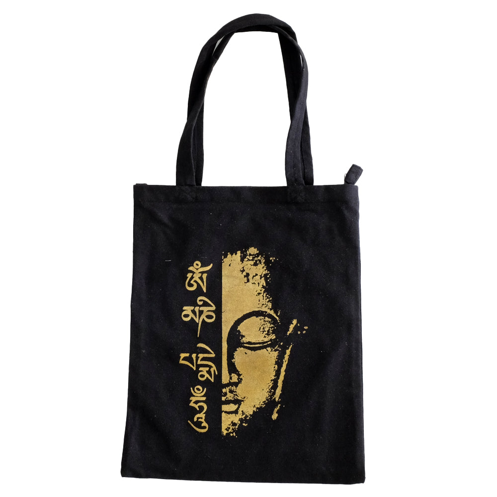 Borsa Tote Nera con soggetti Tibetani 01 - Viso budda con scritta