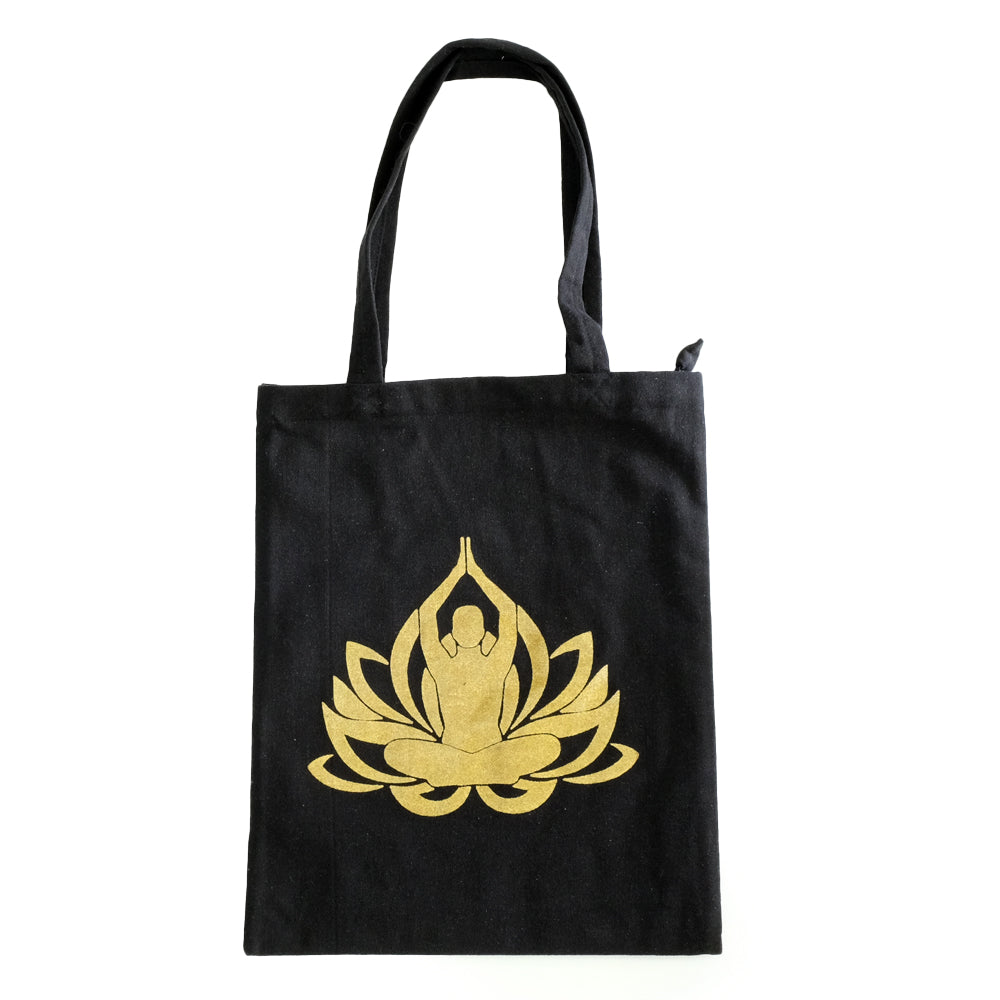 Borsa Tote Nera con soggetti Tibetani 10 - Yoga Fiore di Loto