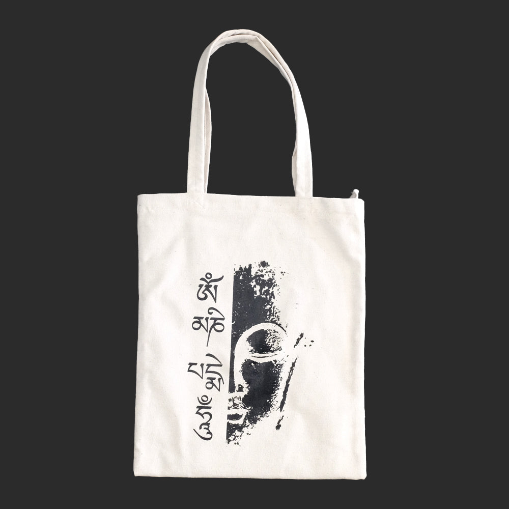 Borsa Tote Bianca con soggetti Tibetani 01 - Volto di Budda con scritta