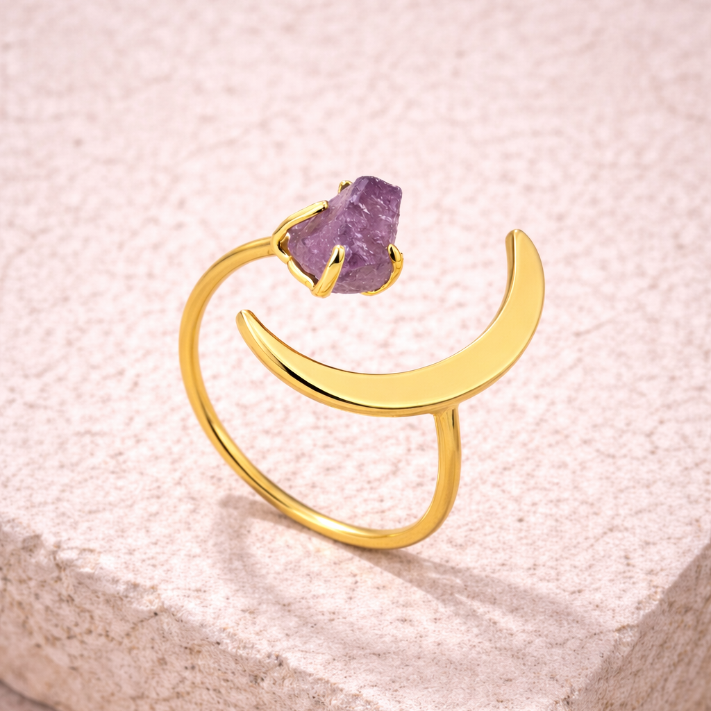 Anello Dorato con Luna e Ametista Grezza Naturale