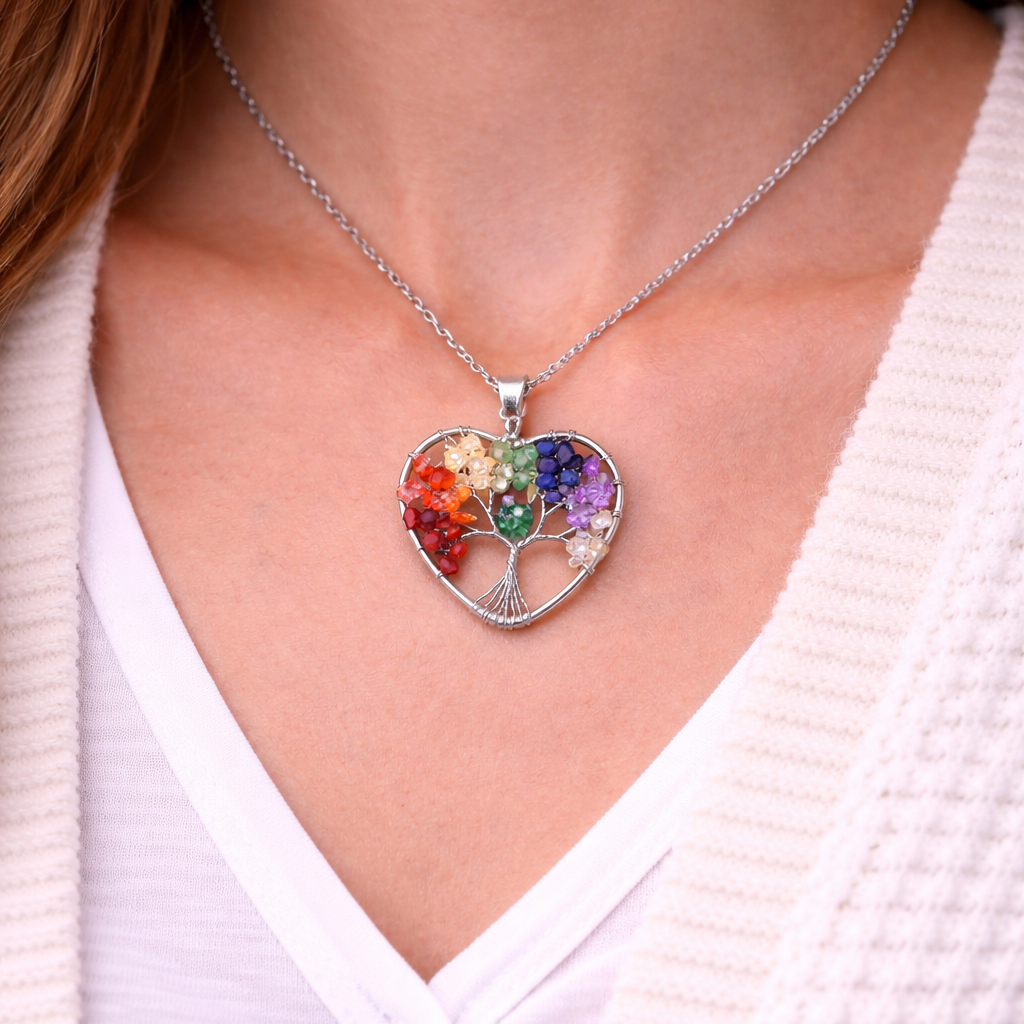 Ciondolo Cuore Albero della Vita 7 Chakra con Pietre Naturali