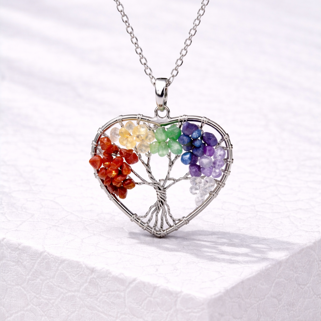 Ciondolo Cuore Albero della Vita 7 Chakra con Pietre Naturali