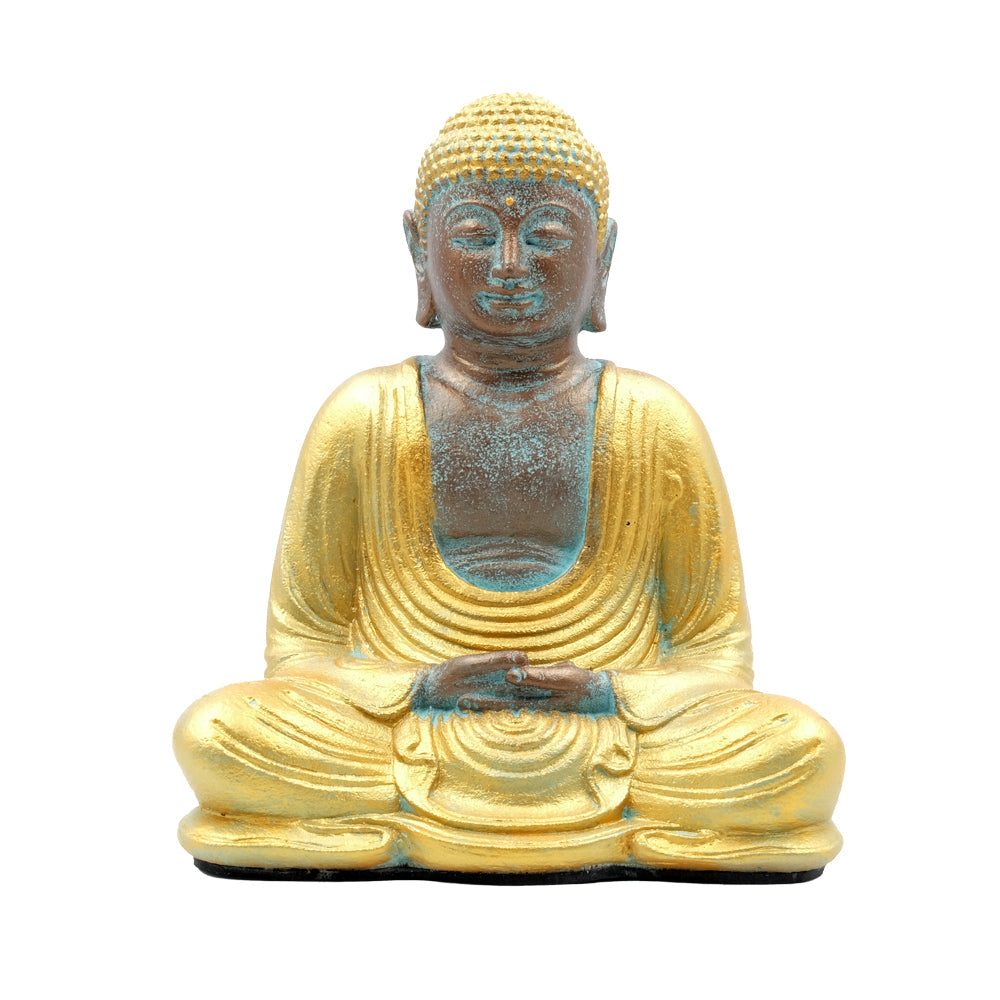 Budda "Dhyana Mudra" in Sandstone cm.17x12,5 h.cm.21 - BrA+G (Bronzo azzurro + oro)