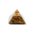 Piramide Orgonite "Occhio di tigre" in resina con rame, ottone e pietre dure cm.7,5x7,5 h.5,5
