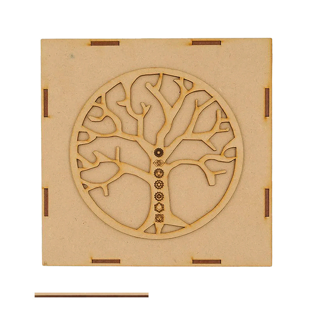 Pregiata scatola in legno pirografato a intarsio “ALBERO DELLA VITA” con Set di 7 pietre dei Chakra