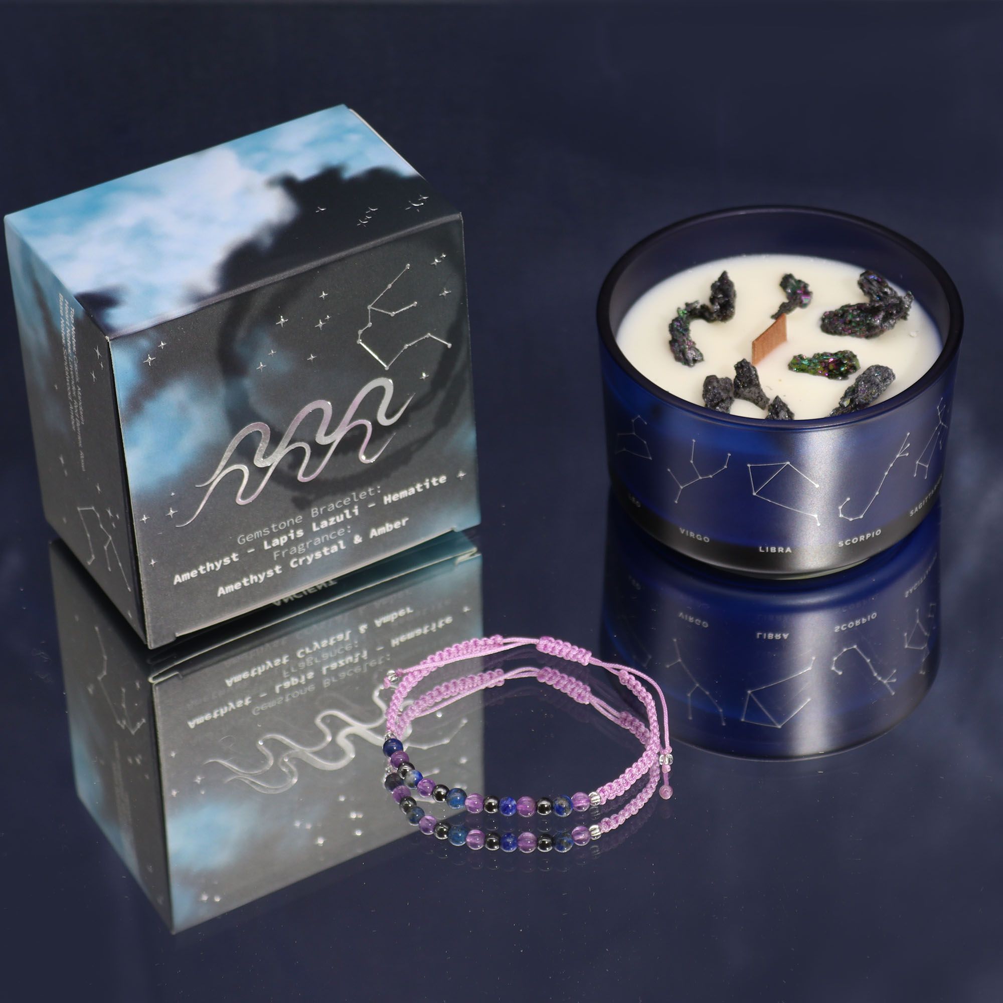 Candela Zodiacale Acquario con Bracciale di Pietre Naturali – Fragranza Amethyst Crystal & Amber