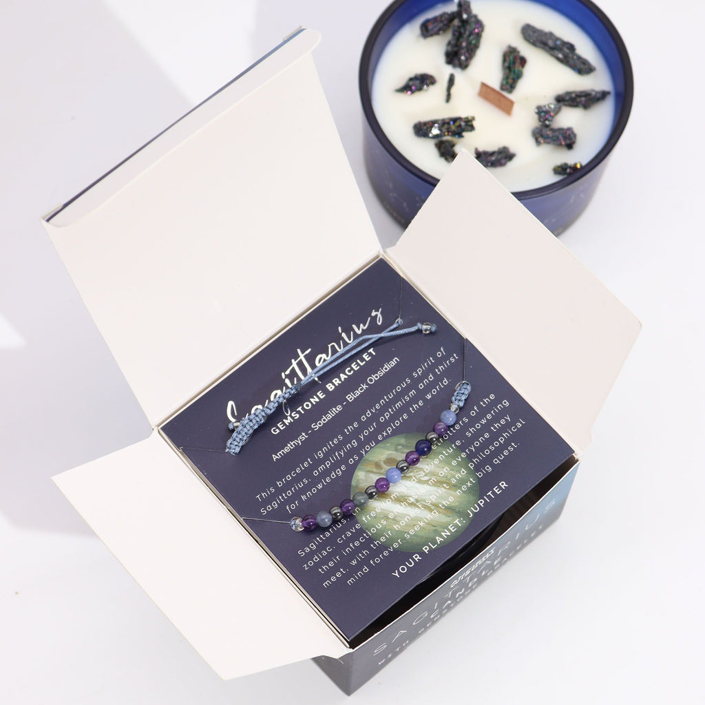 Candela Zodiacale Sagittario con Bracciale di Pietre Naturali – Fragranza Turquoise Dewiness