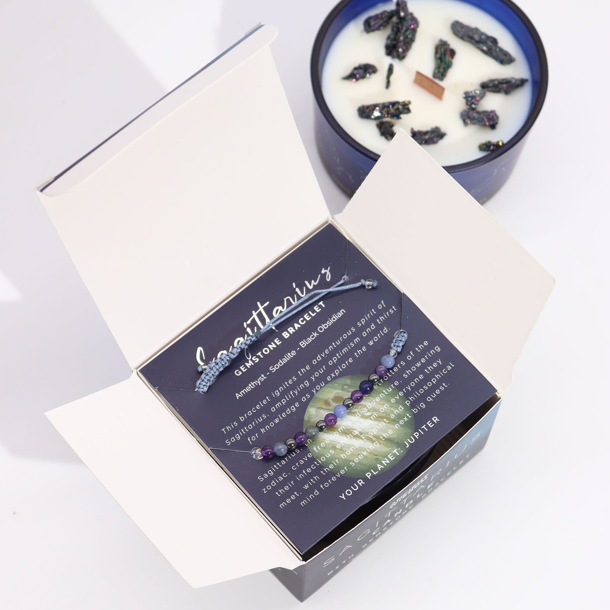 Candela Zodiacale Sagittario con Bracciale di Pietre Naturali – Fragranza Turquoise Dewiness