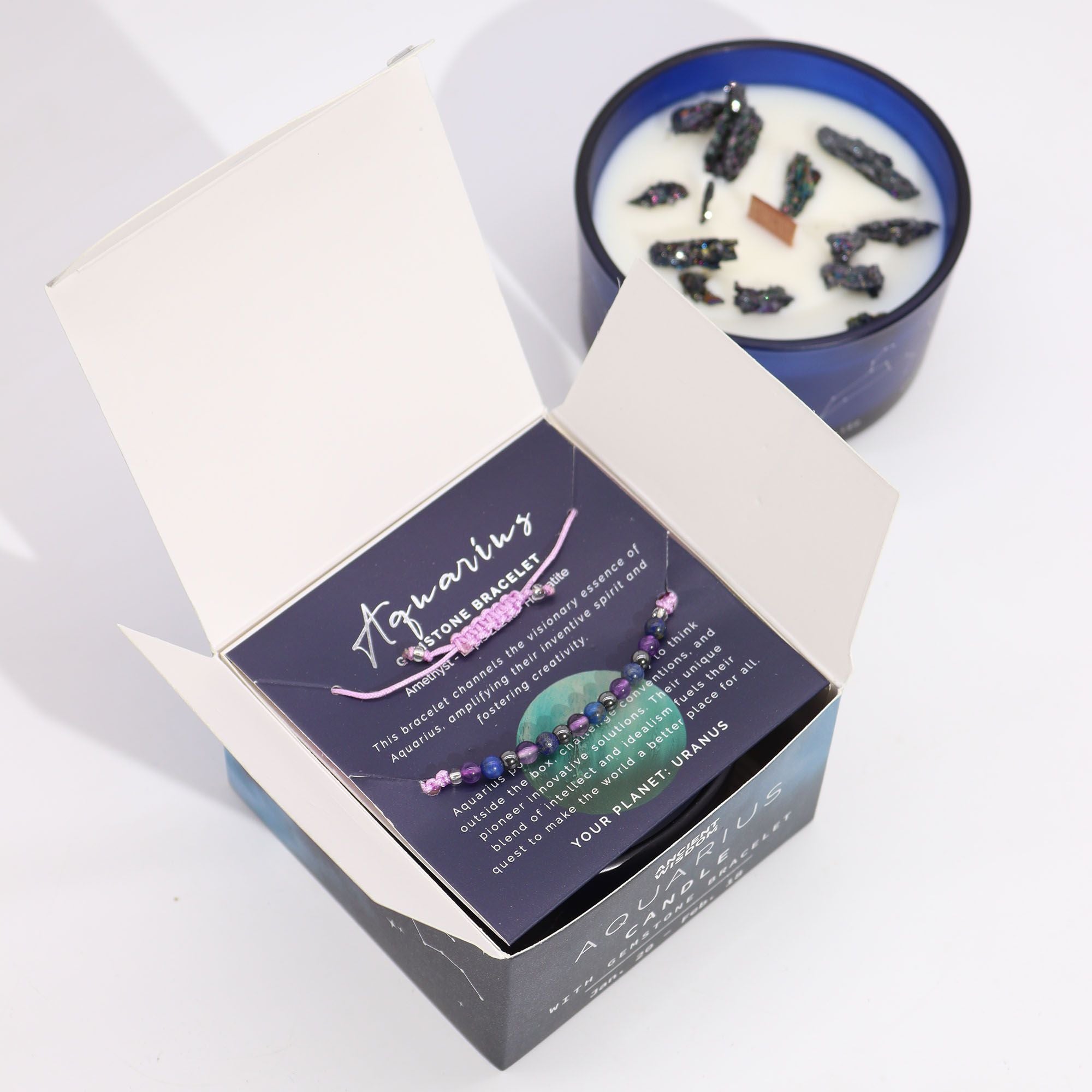 Candela Zodiacale Acquario con Bracciale di Pietre Naturali – Fragranza Amethyst Crystal & Amber