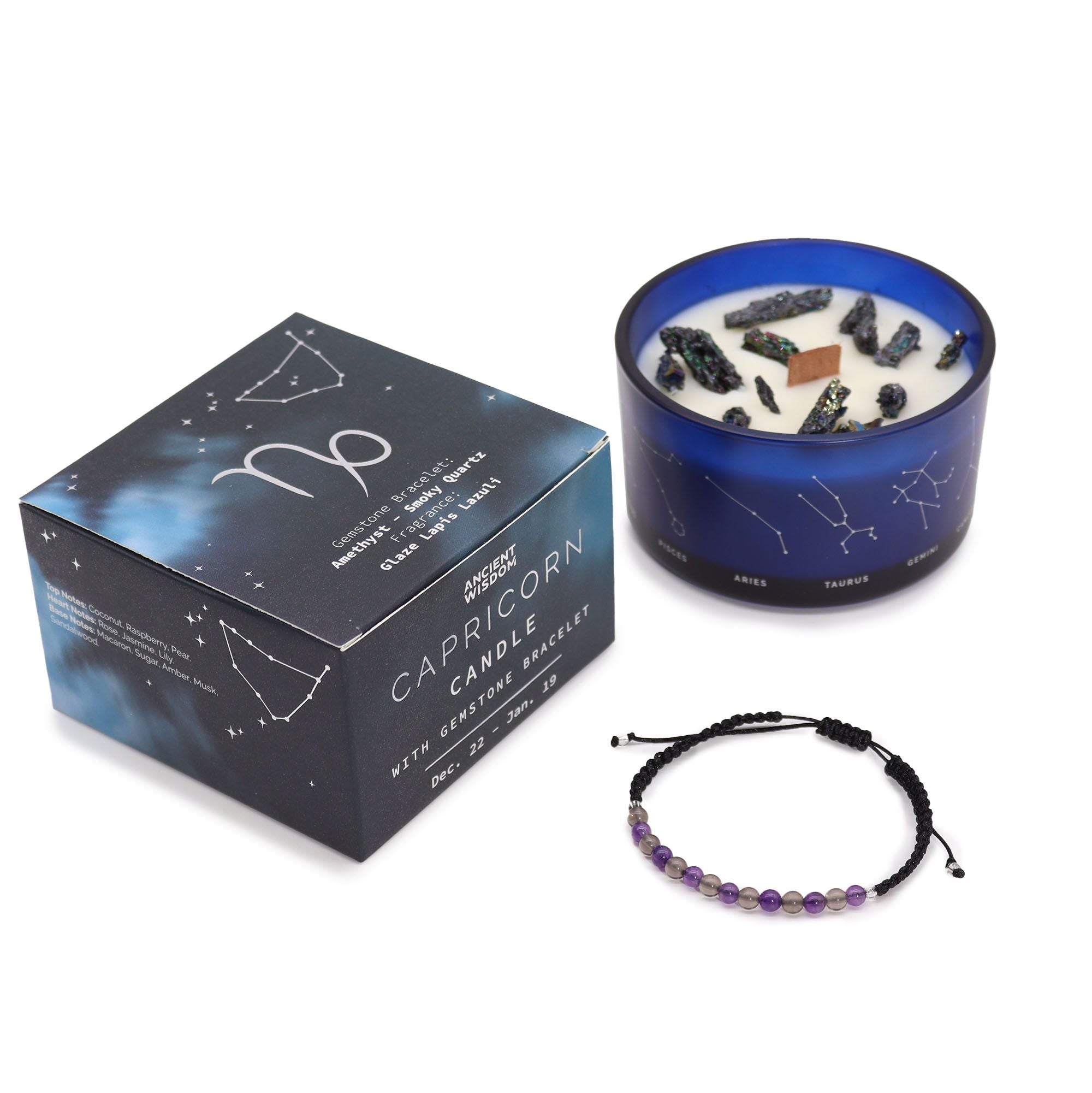 Candela Zodiacale Capricorno con Bracciale di Pietre Naturali – Fragranza Glaze Lapis Lazuli