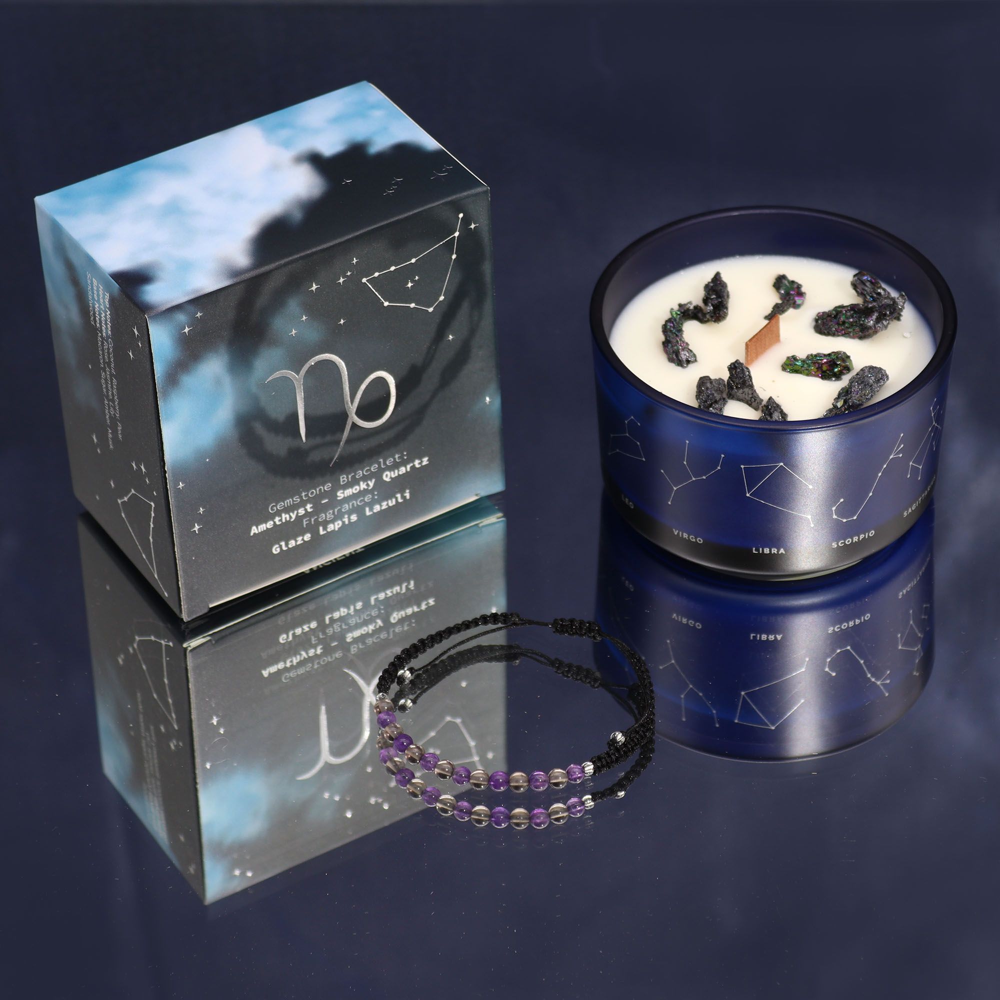 Candela Zodiacale Capricorno con Bracciale di Pietre Naturali – Fragranza Glaze Lapis Lazuli