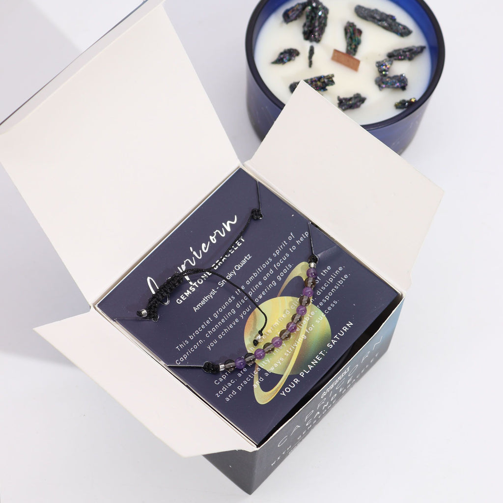 Candela Zodiacale Capricorno con Bracciale di Pietre Naturali – Fragranza Glaze Lapis Lazuli