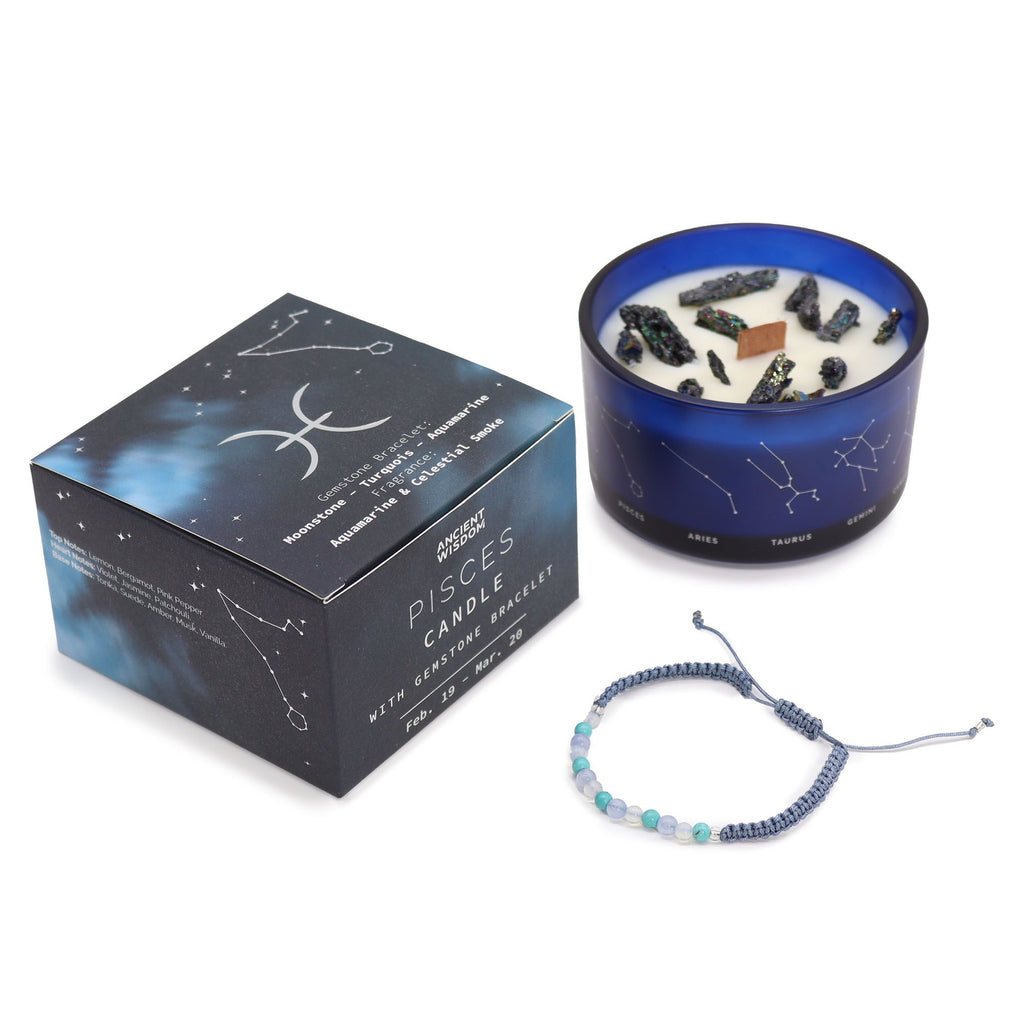 Candela Zodiacale Pesci con Bracciale di Pietre Naturali – Fragranza Aquamarine & Celestial Smoke