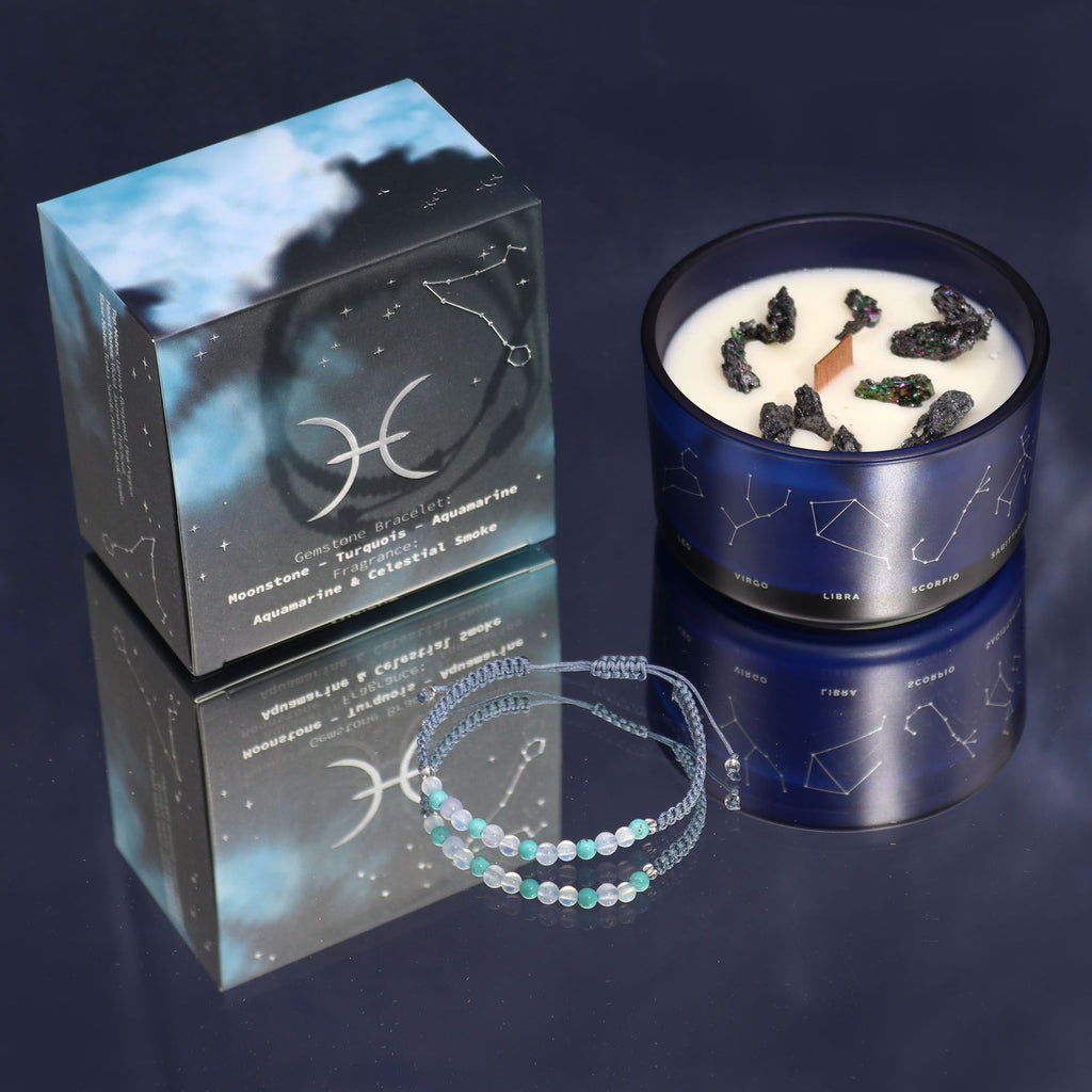 Candela Zodiacale Pesci con Bracciale di Pietre Naturali – Fragranza Aquamarine & Celestial Smoke
