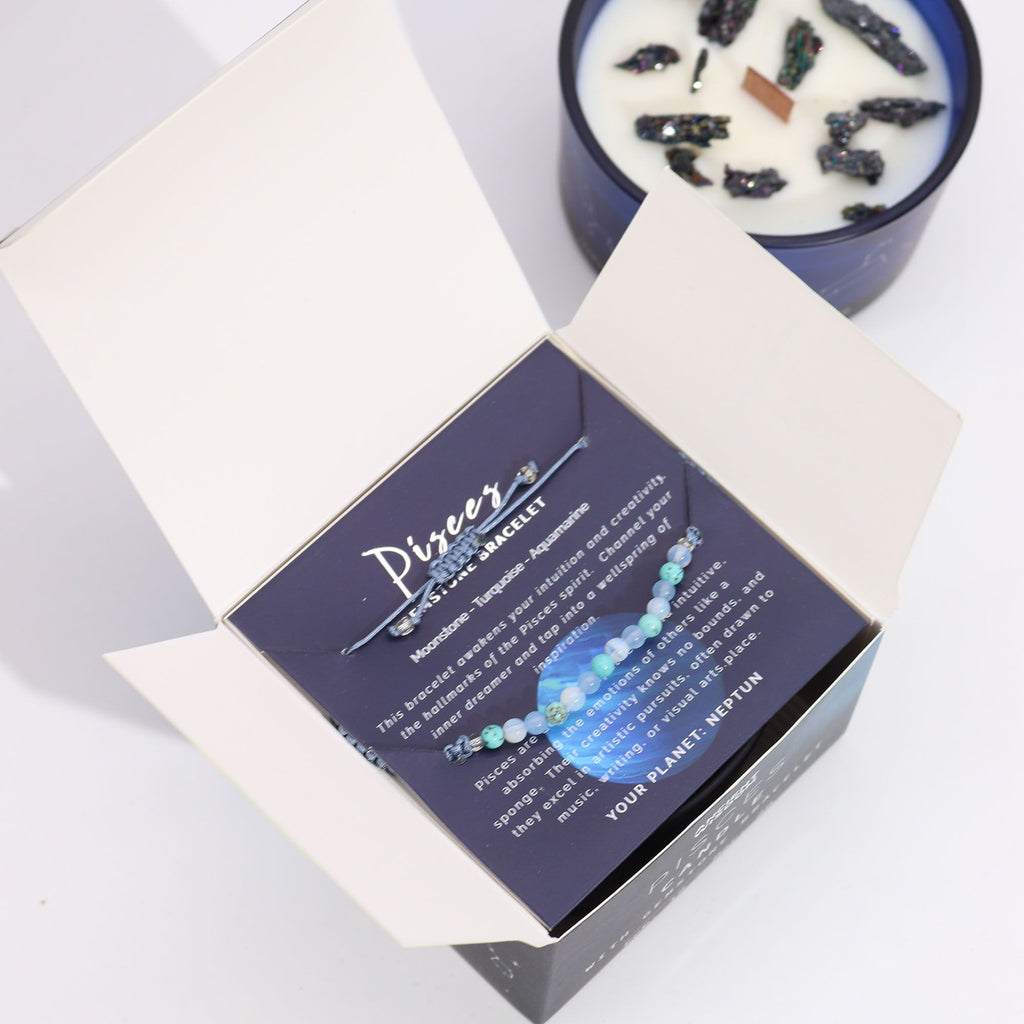 Candela Zodiacale Pesci con Bracciale di Pietre Naturali – Fragranza Aquamarine & Celestial Smoke