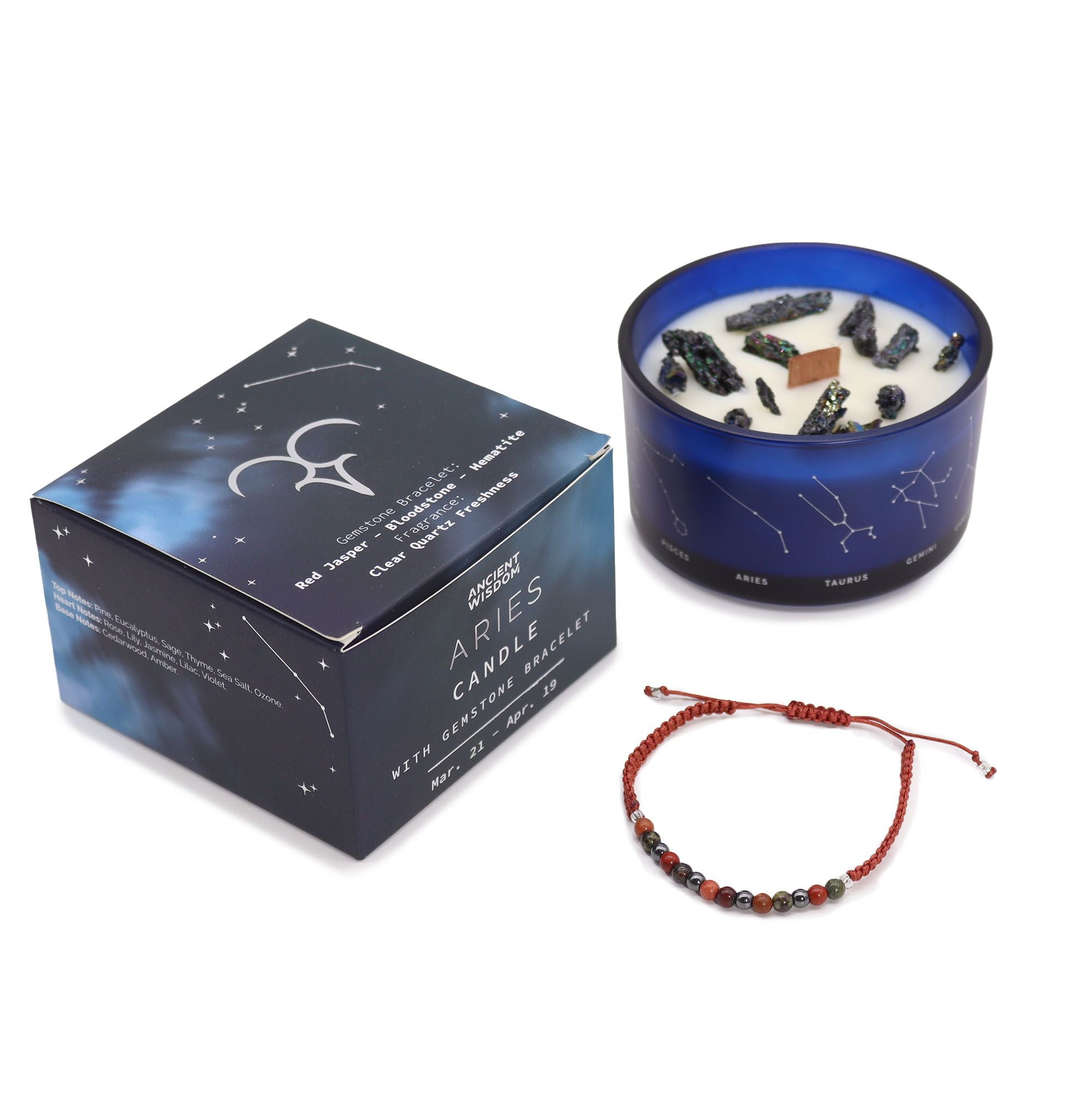 Candela Zodiacale Ariete con Bracciale di Pietre Naturali – Fragranza Clear Quartz Freshness