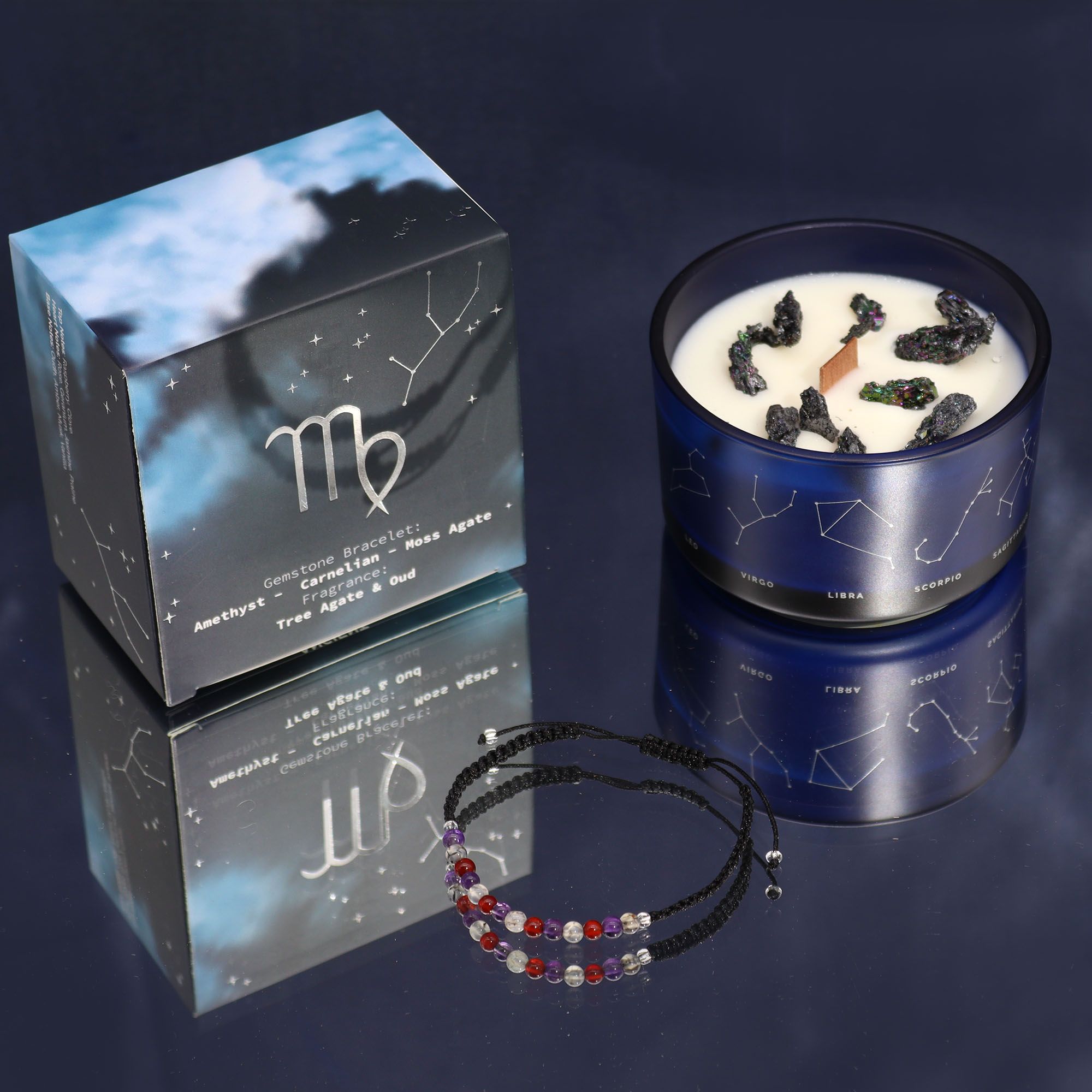 Candela Zodiacale Vergine con Bracciale di Pietre Naturali – Fragranza Tree Agate & Oud
