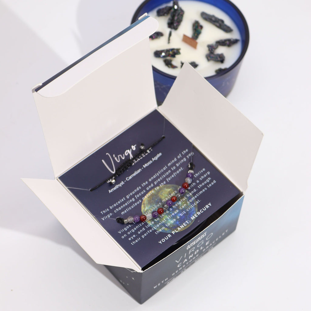 Candela Zodiacale Vergine con Bracciale di Pietre Naturali – Fragranza Tree Agate & Oud