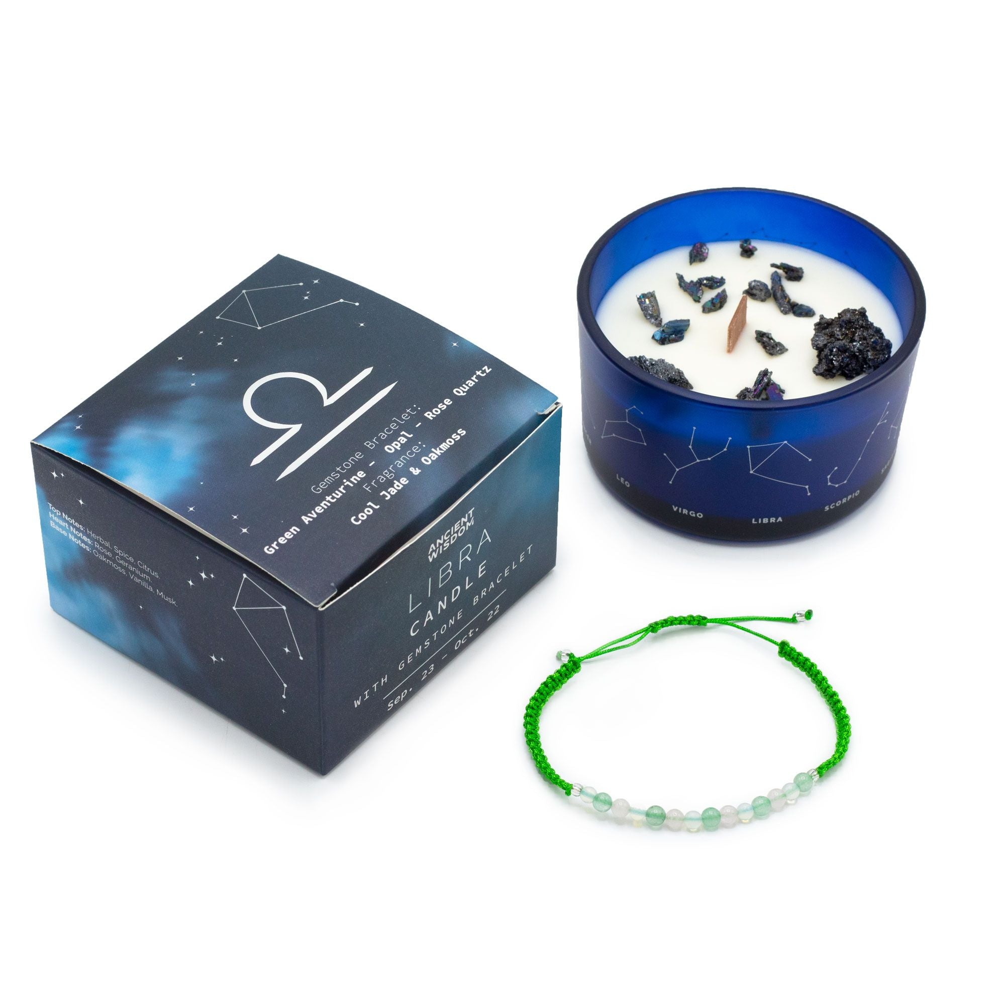 Candela Zodiacale Bilancia con Bracciale di Pietre Naturali – Fragranza Cool Jade & Oakmoss