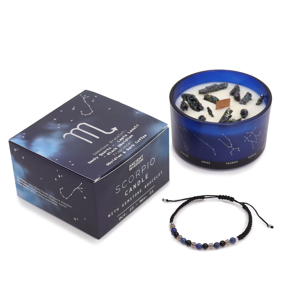 Candela Zodiacale Scorpione con Bracciale di Pietre Naturali – Fragranza Obsidian & Dark Coffee