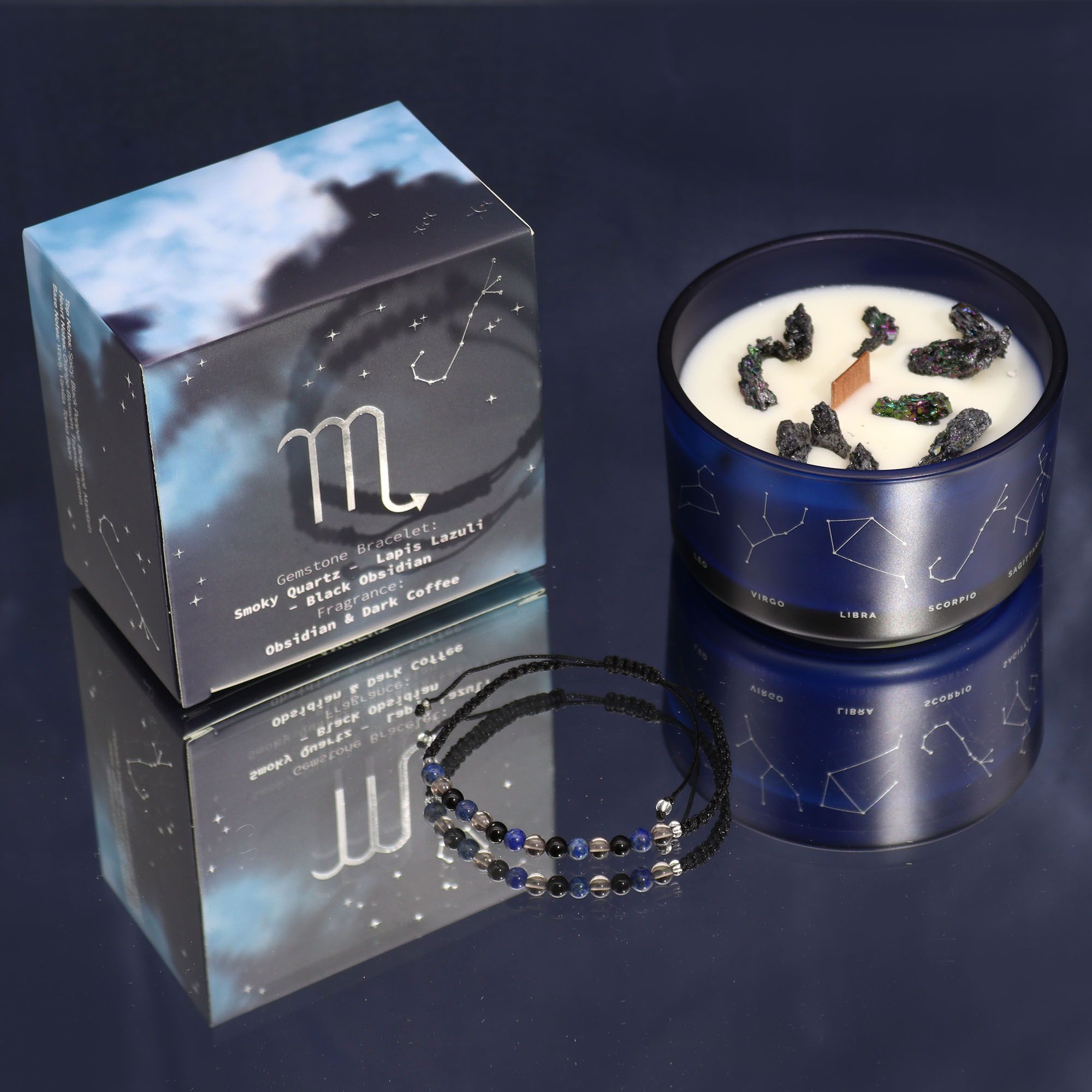 Candela Zodiacale Scorpione con Bracciale di Pietre Naturali – Fragranza Obsidian & Dark Coffee