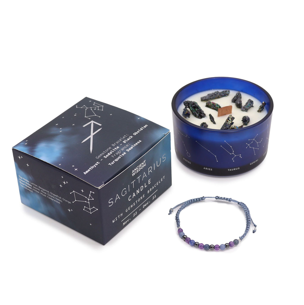 Candela Zodiacale Sagittario con Bracciale di Pietre Naturali – Fragranza Turquoise Dewiness