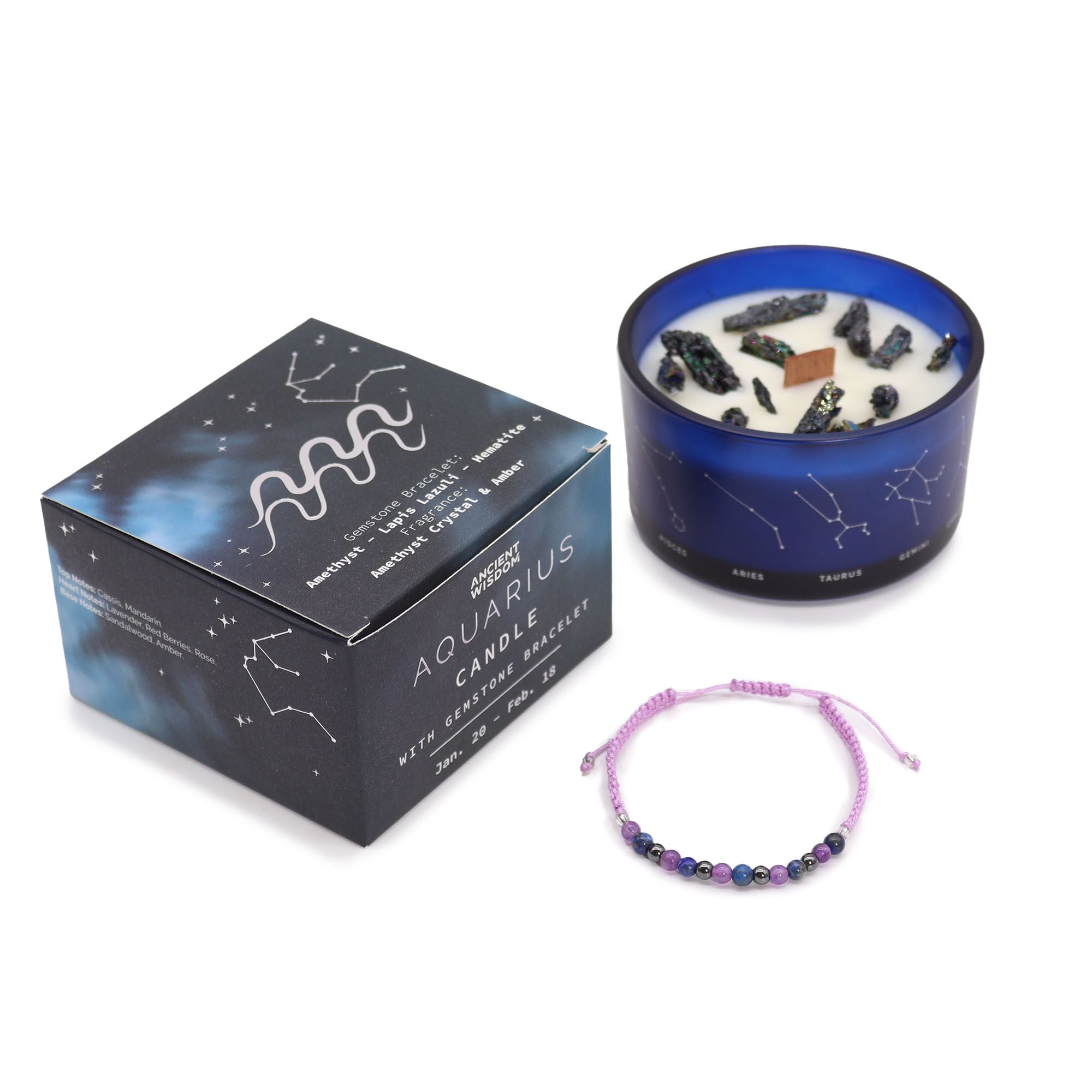 Candela Zodiacale Acquario con Bracciale di Pietre Naturali – Fragranza Amethyst Crystal & Amber