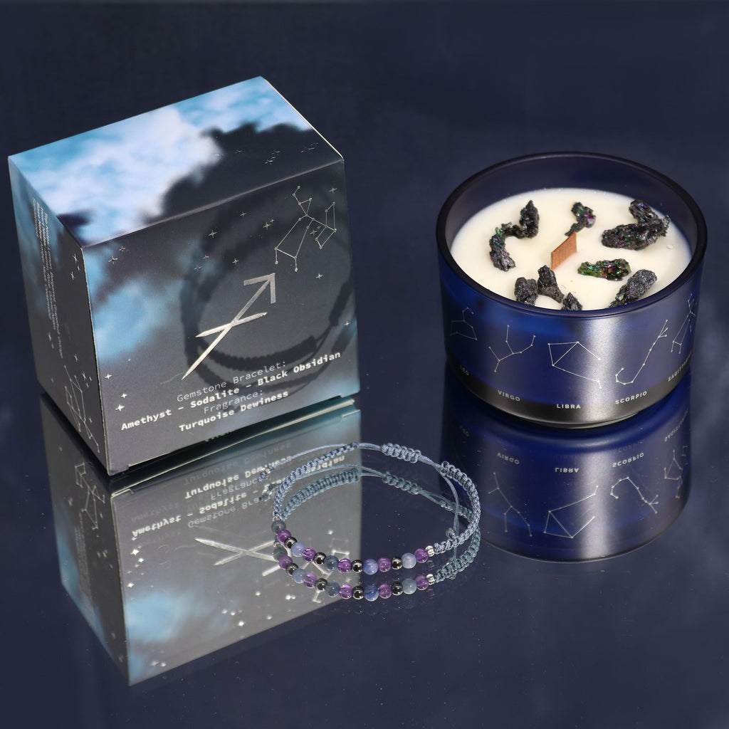 Candela Zodiacale Sagittario con Bracciale di Pietre Naturali – Fragranza Turquoise Dewiness