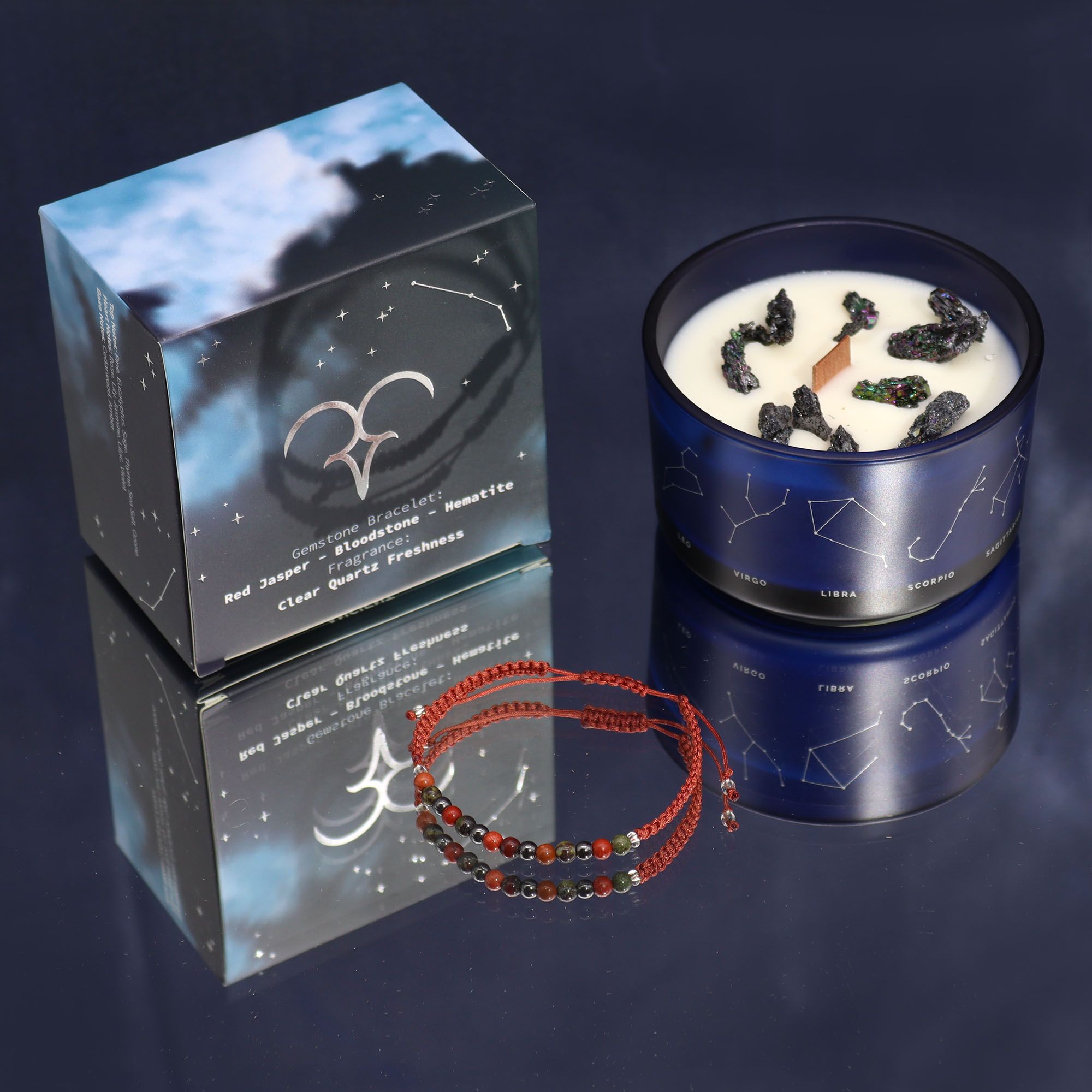 Candela Zodiacale Ariete con Bracciale di Pietre Naturali – Fragranza Clear Quartz Freshness