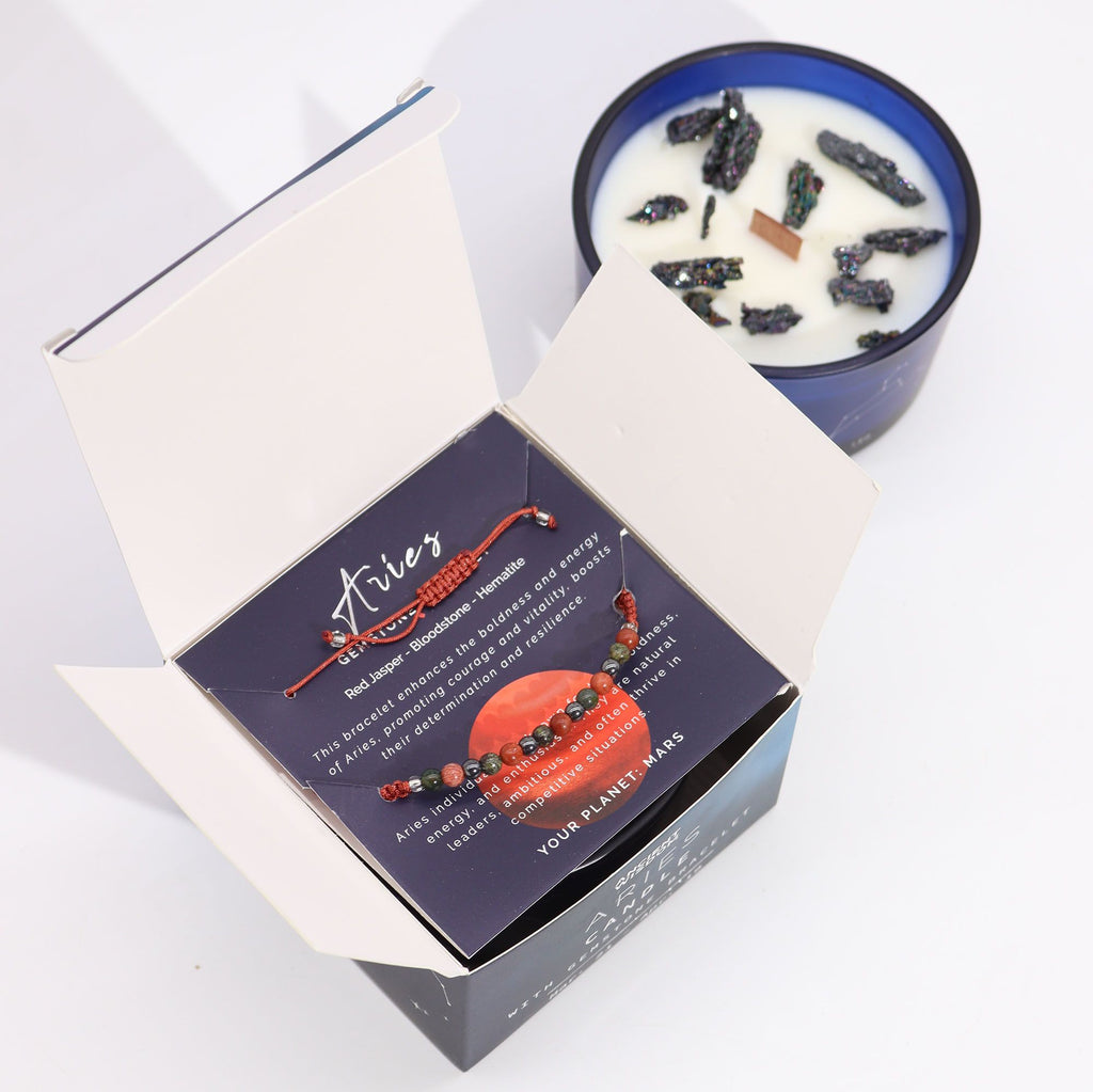 Candela Zodiacale Ariete con Bracciale di Pietre Naturali – Fragranza Clear Quartz Freshness