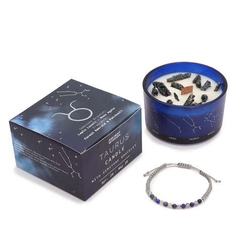 Candela Zodiacale Toro con Bracciale di Pietre Naturali – Fragranza Forest Emerald & Patchouli
