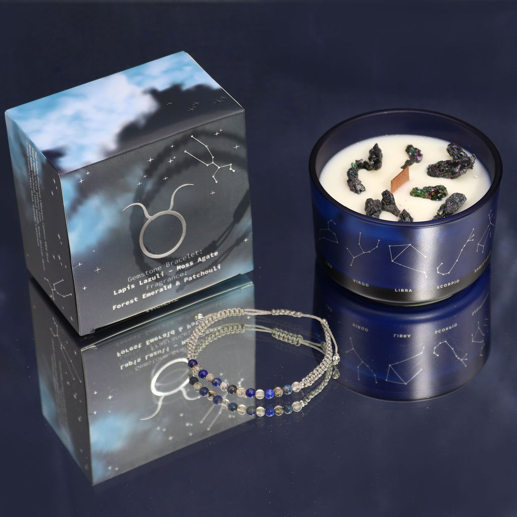 Candela Zodiacale Toro con Bracciale di Pietre Naturali – Fragranza Forest Emerald & Patchouli