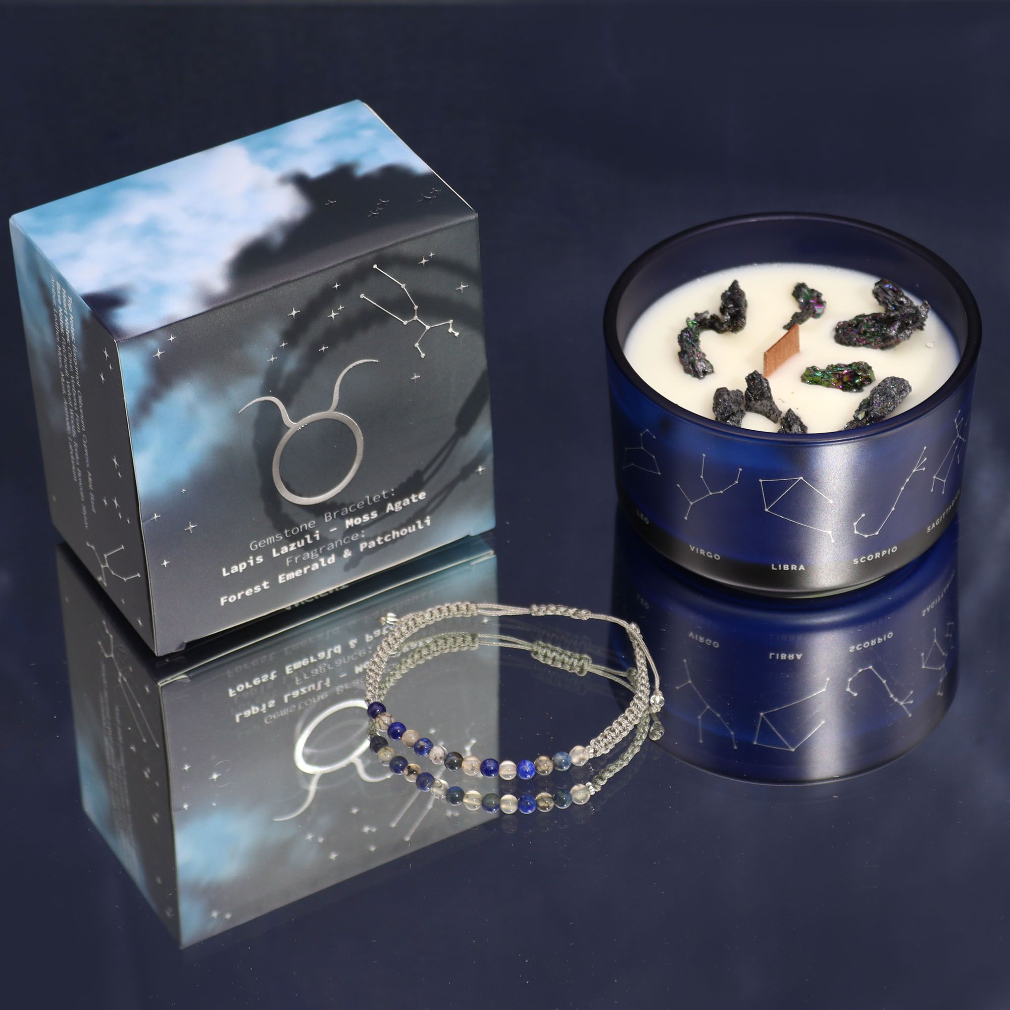 Candela Zodiacale Toro con Bracciale di Pietre Naturali – Fragranza Forest Emerald & Patchouli