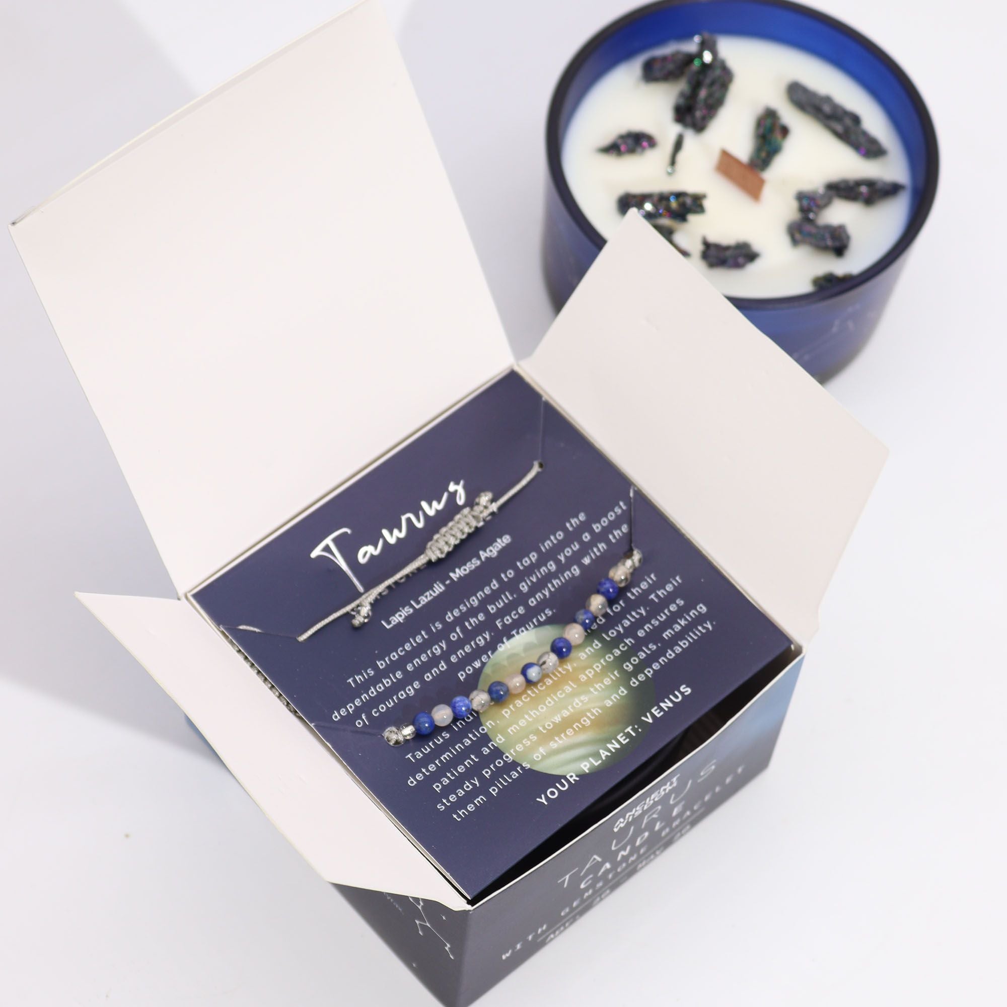 Candela Zodiacale Toro con Bracciale di Pietre Naturali – Fragranza Forest Emerald & Patchouli