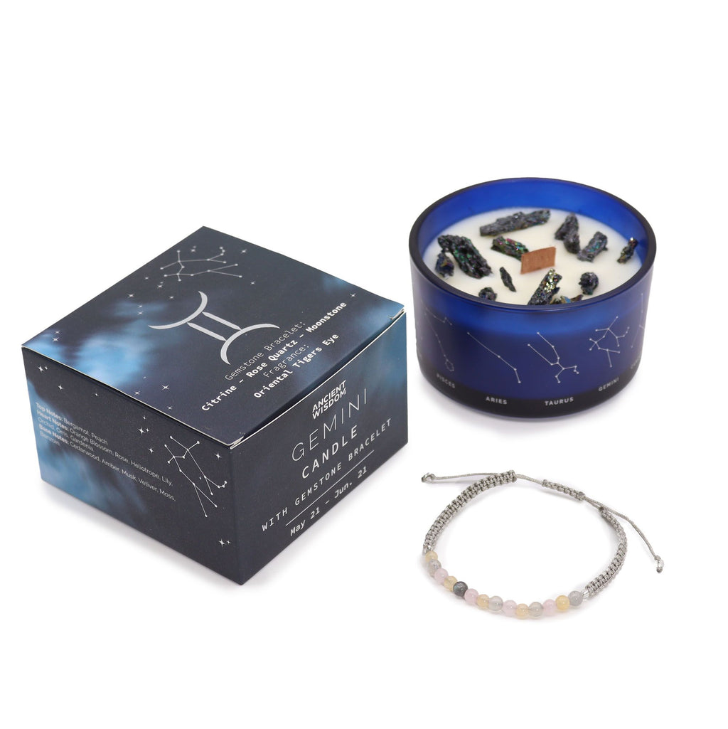 Candela Zodiacale Gemelli con Bracciale di Pietre Naturali – Fragranza Oriental Tiger’s Eye