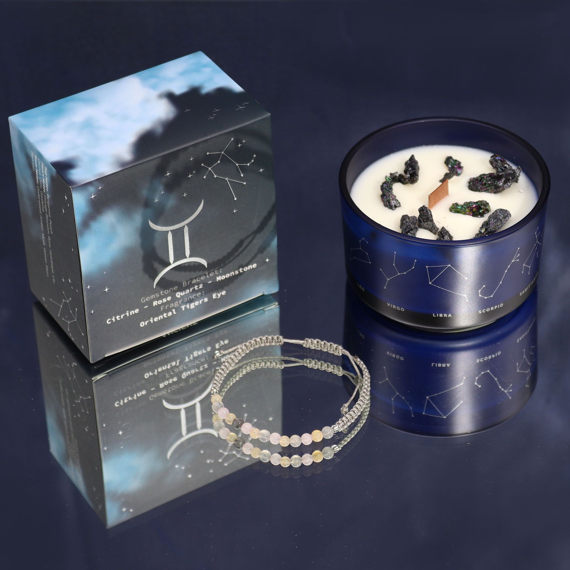 Candela Zodiacale Gemelli con Bracciale di Pietre Naturali – Fragranza Oriental Tiger’s Eye