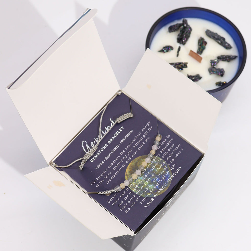 Candela Zodiacale Gemelli con Bracciale di Pietre Naturali – Fragranza Oriental Tiger’s Eye