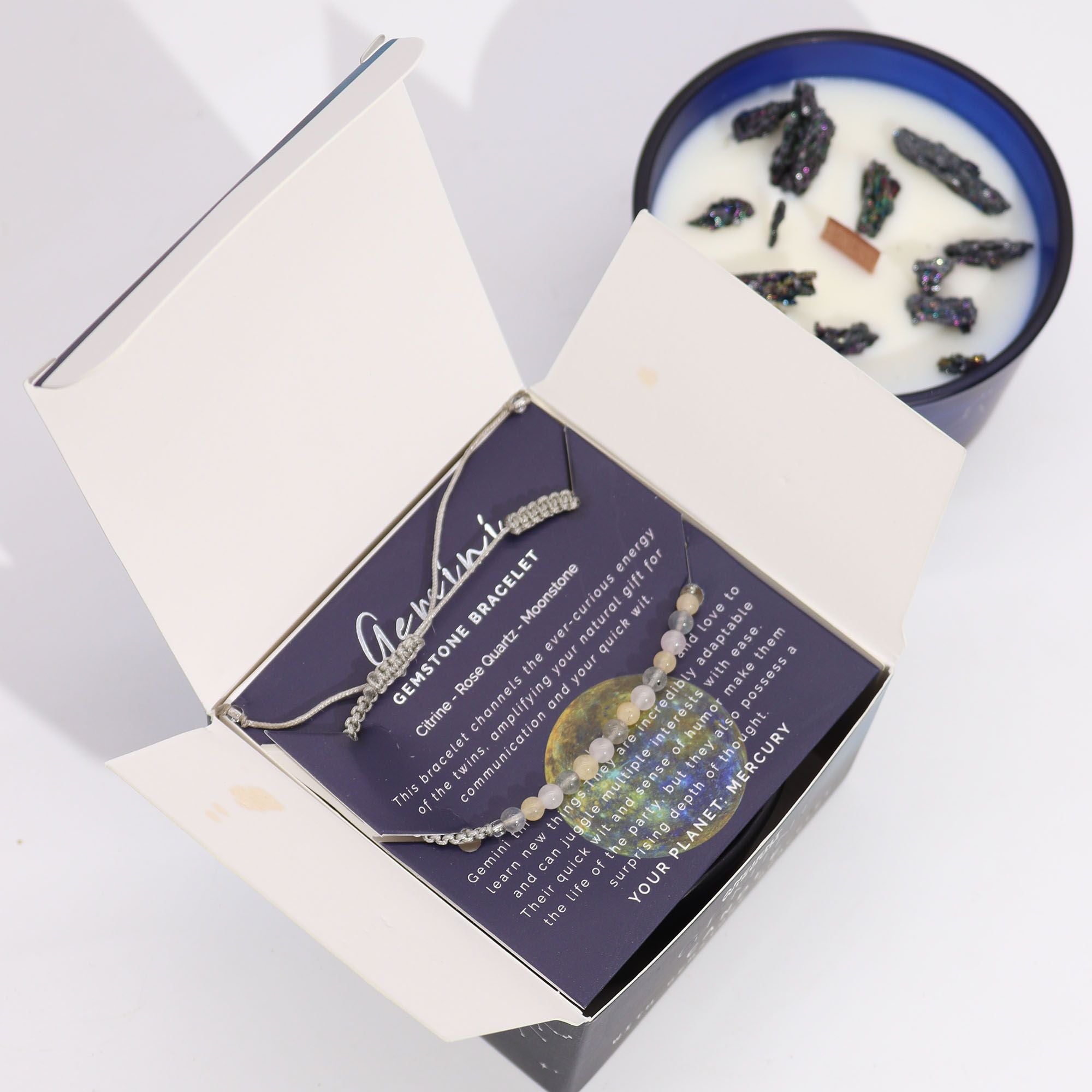 Candela Zodiacale Gemelli con Bracciale di Pietre Naturali – Fragranza Oriental Tiger’s Eye