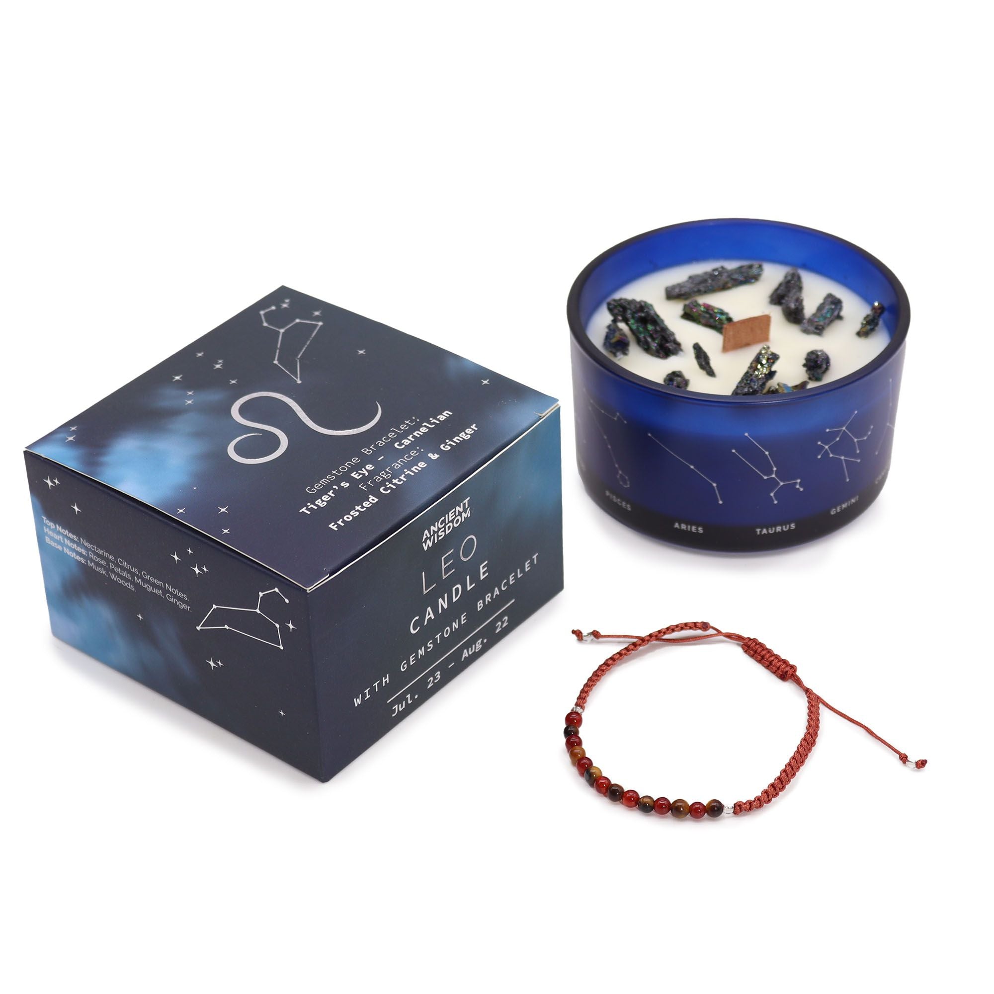 Candela Zodiacale Leone con Bracciale di Pietre Naturali – Fragranza Frosted Citrine & Ginger