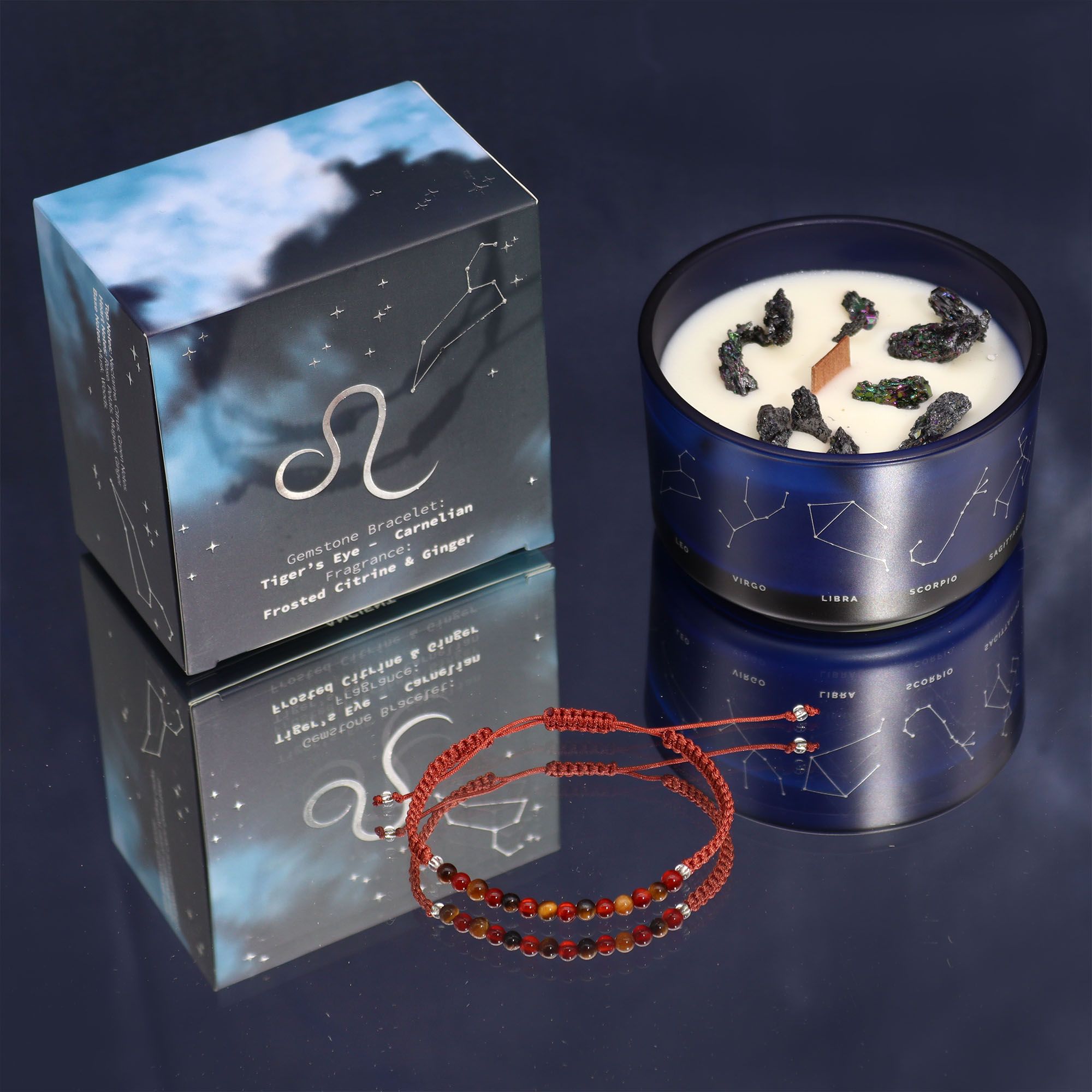 Candela Zodiacale Leone con Bracciale di Pietre Naturali – Fragranza Frosted Citrine & Ginger