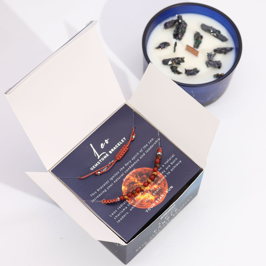 Candela Zodiacale Leone con Bracciale di Pietre Naturali – Fragranza Frosted Citrine & Ginger