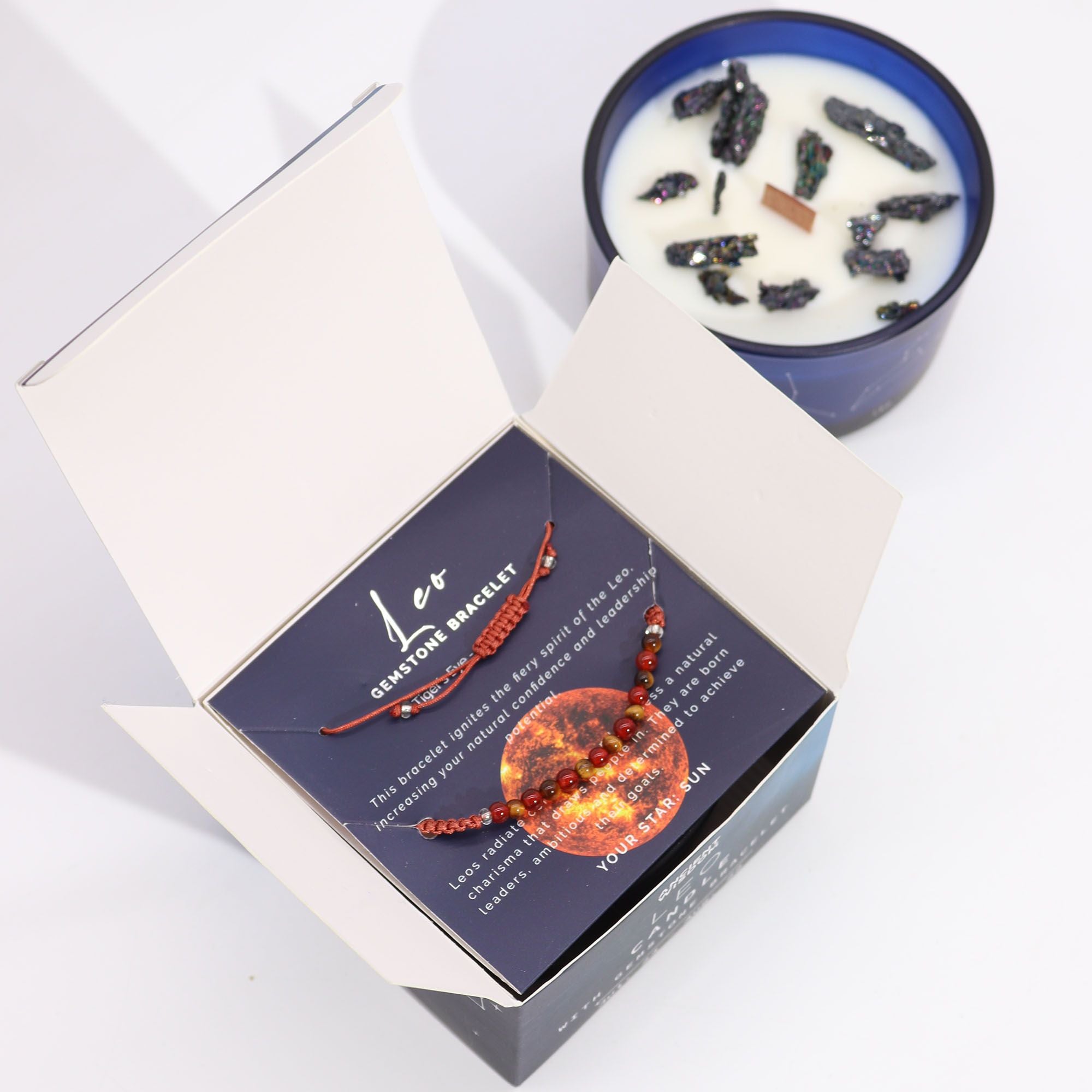 Candela Zodiacale Leone con Bracciale di Pietre Naturali – Fragranza Frosted Citrine & Ginger