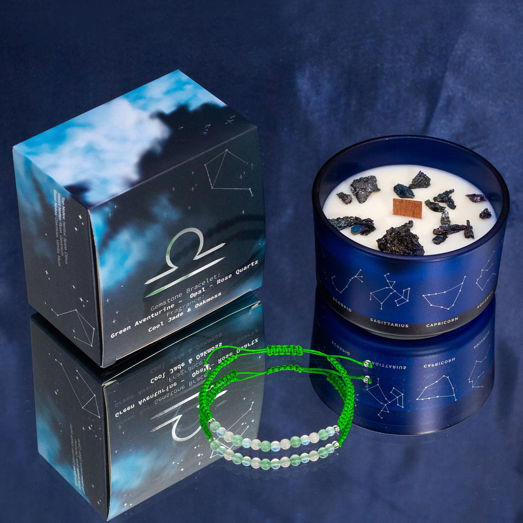 Candela Zodiacale Bilancia con Bracciale di Pietre Naturali – Fragranza Cool Jade & Oakmoss
