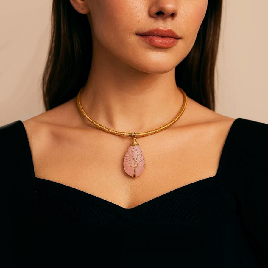 Collana Aurea Albero delle Vita con Quarzo Rosa
