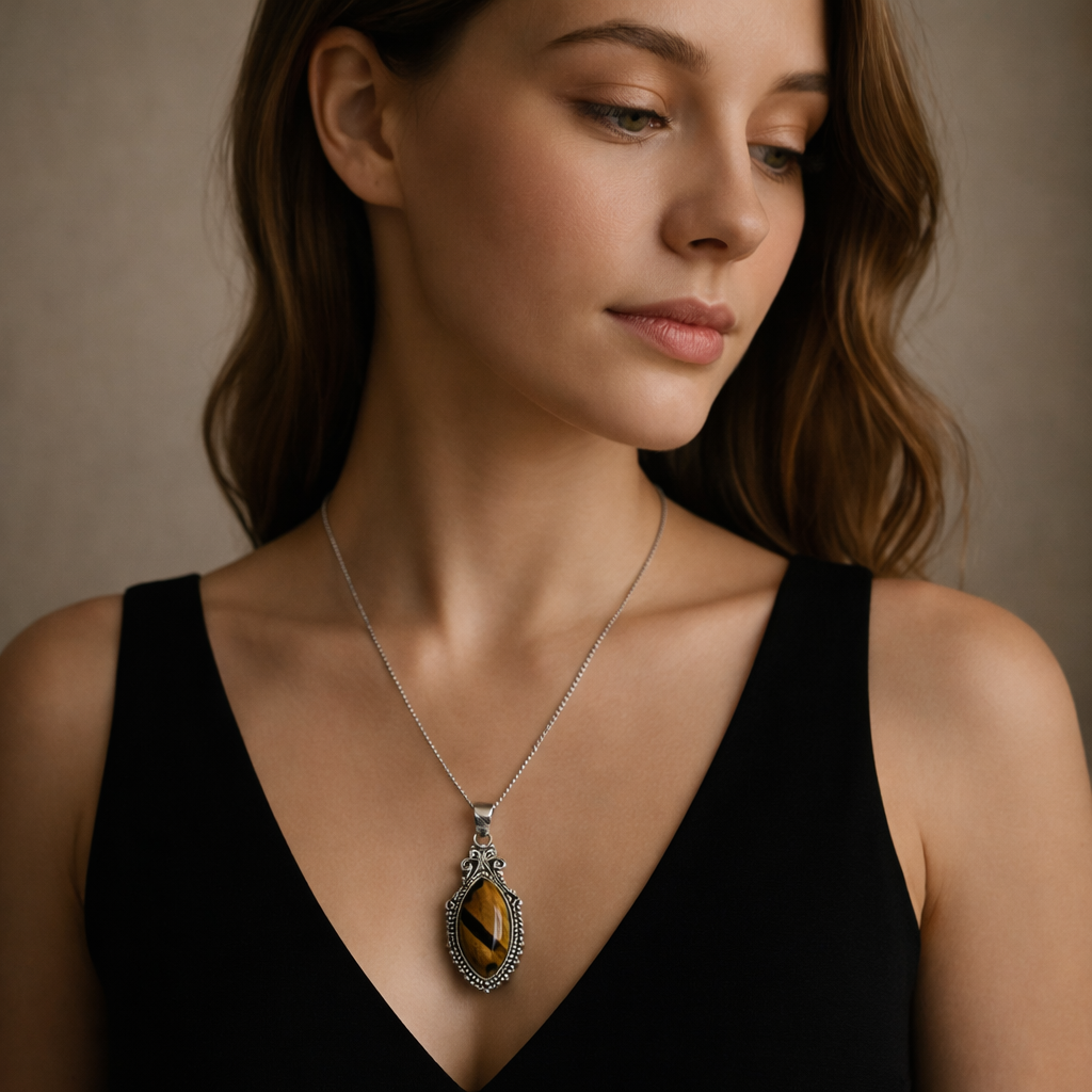 Ciondolo con Occhio di Tigre Ovale 3cm Argento 925